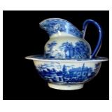 Blue & White Stoneware Pitcher & Bowl
