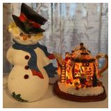 Lighted Christmas Snowman & Teapot Decor