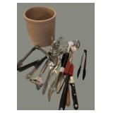 Stoneware Crock & Kitchen Utensils