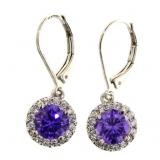 Round Halo Amethyst & White Topaz Dangle Earrings