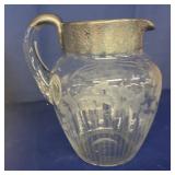 Etched Crystal Glass Pitcher Silver Trim