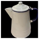 Blue Handle White Granite Coffee Pot