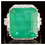 14kt Gold Step Cut 19.10 ct Emerald & Diamond Ring