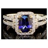 14kt Gold 2.43 ct Em cut Sapphire & Diamond Ring