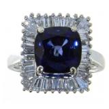 14k Gold 5.46 ct Cush Cut Sapphire & Diamond Ring