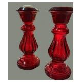 Pair 12" Cranberry Candle Holders