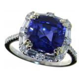 14k Gold 7.08 ct Cush Cut Sapphire & Diamond Ring