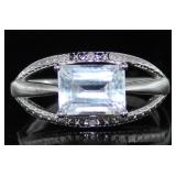Emerald Cut Natural Aquamarine & Diamond Ring