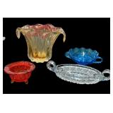 Amberina Ashtray, Pressed Glass, Blue Dish, Gold