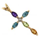 14kt Gold Natural Gemstone & Diamond Cross Pendant