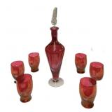 Etched Glass Cranberry Decanter & 6 Glasses