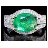 14kt Gold 3.67 ct Oval Cut Emerald & Diamond Ring