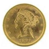 1892 GEM BU Liberty Head $5 Gold Half Eagle