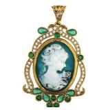 Antique Style Cameo, Emerald, & White Topaz Pendan