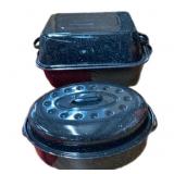 (2) Blue Granite Roasting Pans