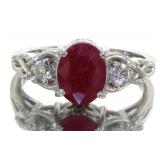 Genuine Oval Ruby & White Zircon Ring