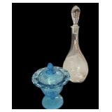 Etched Crystal Decanter & Blue Open Lace Edge