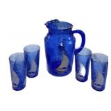 Hazel Atlas Blue Sailboat Pitcher & Glasses