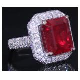 18k Gold 11.13 ct Emerald Cut Ruby & Diamond Ring