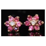 14kt Gold Natural Ruby & Diamond Flower Earrings