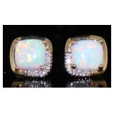 10kt Gold Cushion Cut Opal & Diamond Stud Earrings