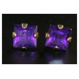 10kt Gold Genuine Amethyst Princess Cut Earrings