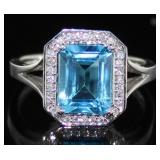 10kt Gold Emerald Cut Blue Topaz & Diamond Ring