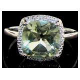 Cushion Cut 4.11 ct Green Amethyst & Diamond Ring