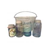 Galvanized Bucket w/ Antique Jars