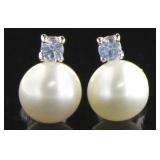 Beautiful Pearl & Aquamarine Stud Earrings