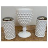 Fenton hobnail milk glass cup and salt and pepper