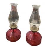 Pair Vintage Cranberry Oil Lamps