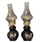 Pair Black Onyx Oriental Oil Lamps