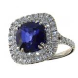 14kt Gold 6.86 Cushion Cut Sapphire & Diamond Ring