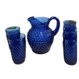 6 Pc Blue Hobnail Imperial Glass Pitcher Set