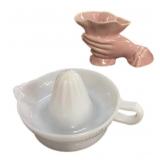 Milk Glass Juicer & Pink McCoy Vase