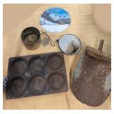 Vintage Scoop, Granite Cup, Sifter & Muffin Tin &