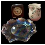 Estate Carnival Dish, Pottery Pitcher & Clock