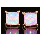 Rose Toned Princess Cut Pink Opal Stud Earrings