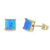 Princess Cut Australian Blue Opal Stud Earrings