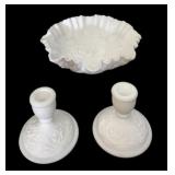 Beautiful Milk Glass Rose Pattern Bowl & Candle