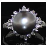 Platinum 10.40 mm Black Pearl & Diamond Ring