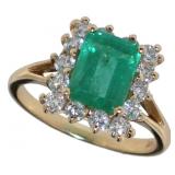 14kt Gold Step Cut 3.16 ct Emerald & Diamond Ring