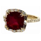 14k Gold 7.54 ct Emerald Cut Ruby & Diamond Ring