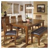 Ashley D594 Cherry Farmhouse Table + 4 & Bench