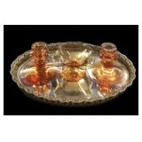 Mirrored Vanity Tray, Amber Bowl & Candle Holders
