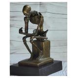 HANDMADE BRONZE THINKING SKELETON ON MARBLE BASE