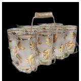 Vintage 1950s Libby Gold Leaf Glasses & Carrier