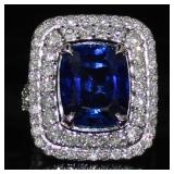 14k Gold 9.96 ct Cushion Sapphire & Diamond Ring