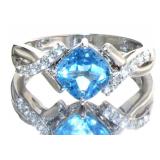 Cushion Cut Blue & White Topaz Designer Ring